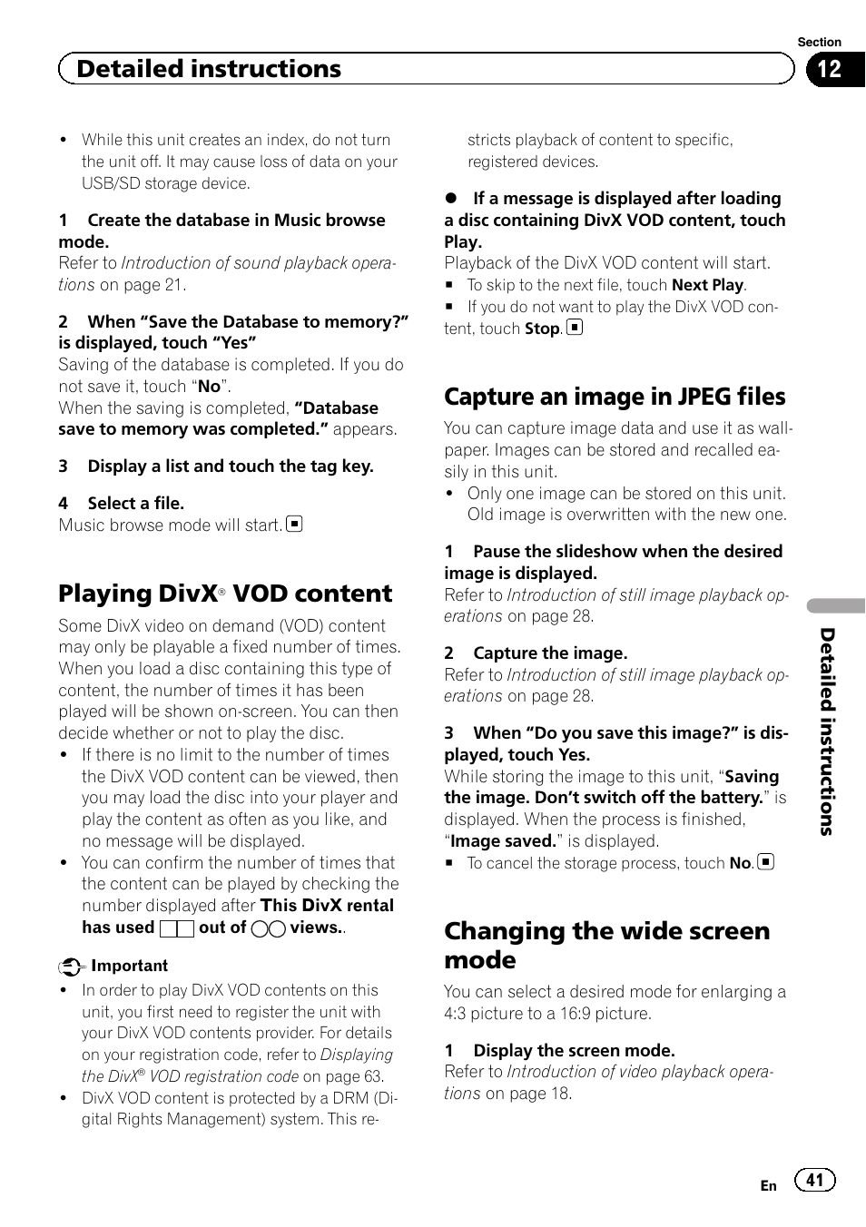 Playing divx, Â vod content 41, Capture an image in jpeg files | Changing the wide screen mode, Vod content, Detailed instructions | Pioneer AVH-P8400BT User Manual | Page 41 / 120