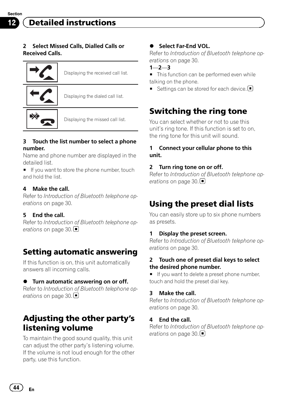 Setting automatic answering, Adjusting the other party, S listening | Volume, Switching the ring tone, Using the preset dial lists, S listening volume on, Adjusting the other party ’s listening volume, 12 detailed instructions | Pioneer AVH-P8400BT User Manual | Page 44 / 120