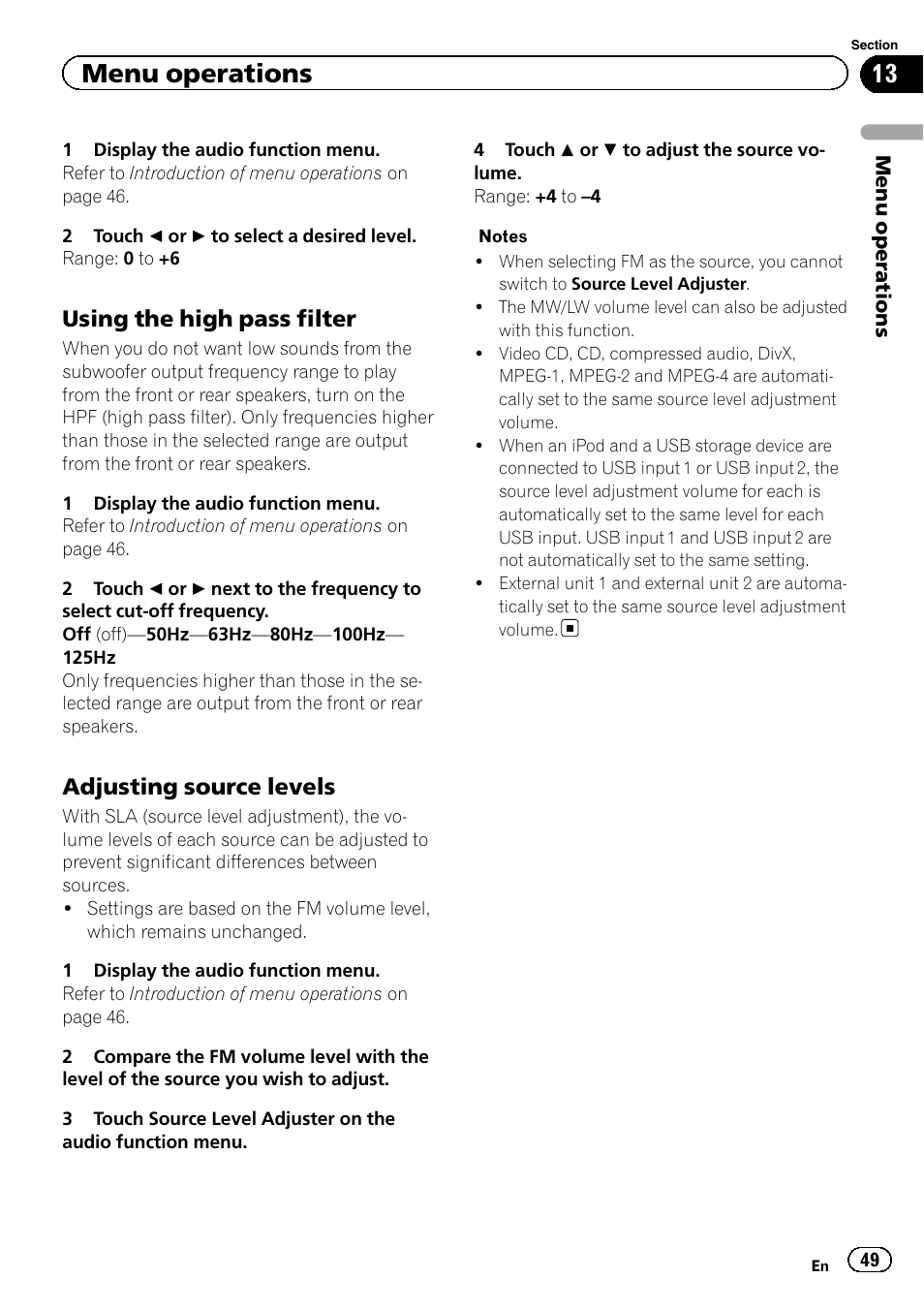Menu operations, Using the high pass filter, Adjusting source levels | Pioneer AVH-P8400BT User Manual | Page 49 / 120