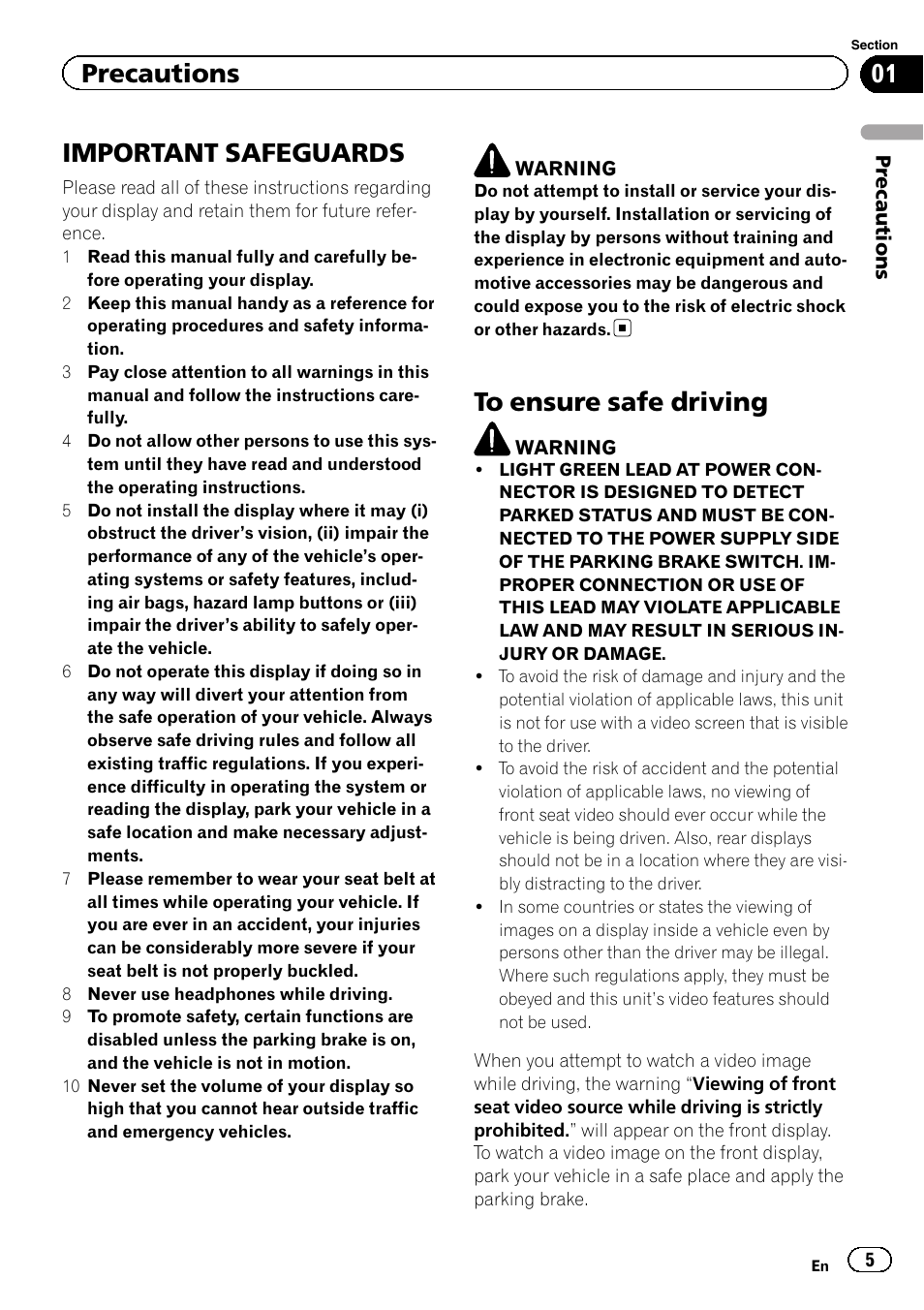 Precautions important safeguards, To ensure safe driving, Important safeguards | Precautions | Pioneer AVH-P8400BT User Manual | Page 5 / 120