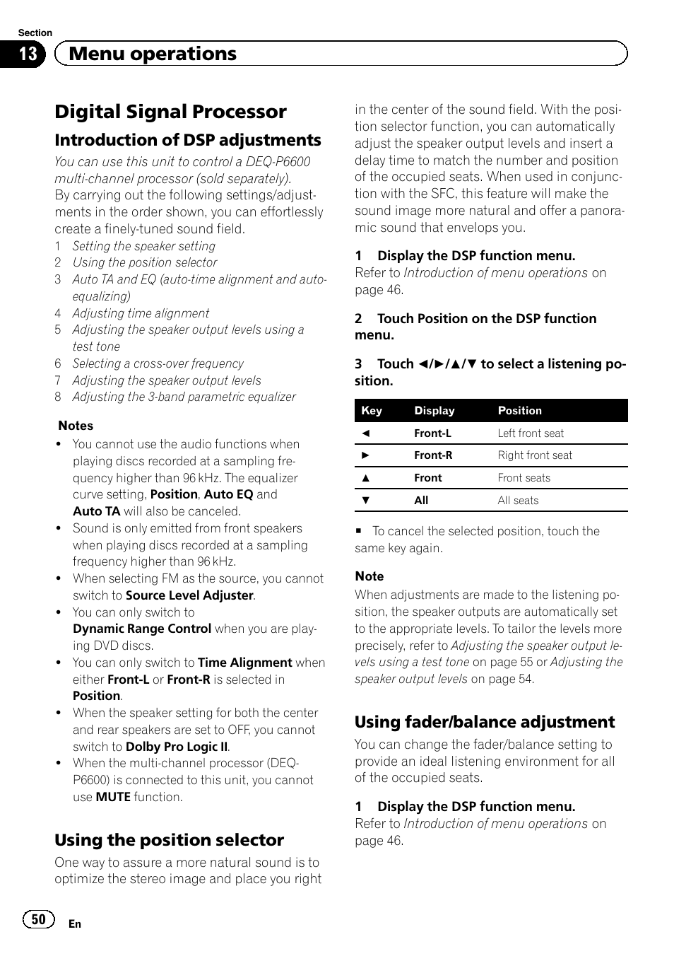 Digital signal processor, 13 menu operations, Introduction of dsp adjustments | Using the position selector, Using fader/balance adjustment | Pioneer AVH-P8400BT User Manual | Page 50 / 120