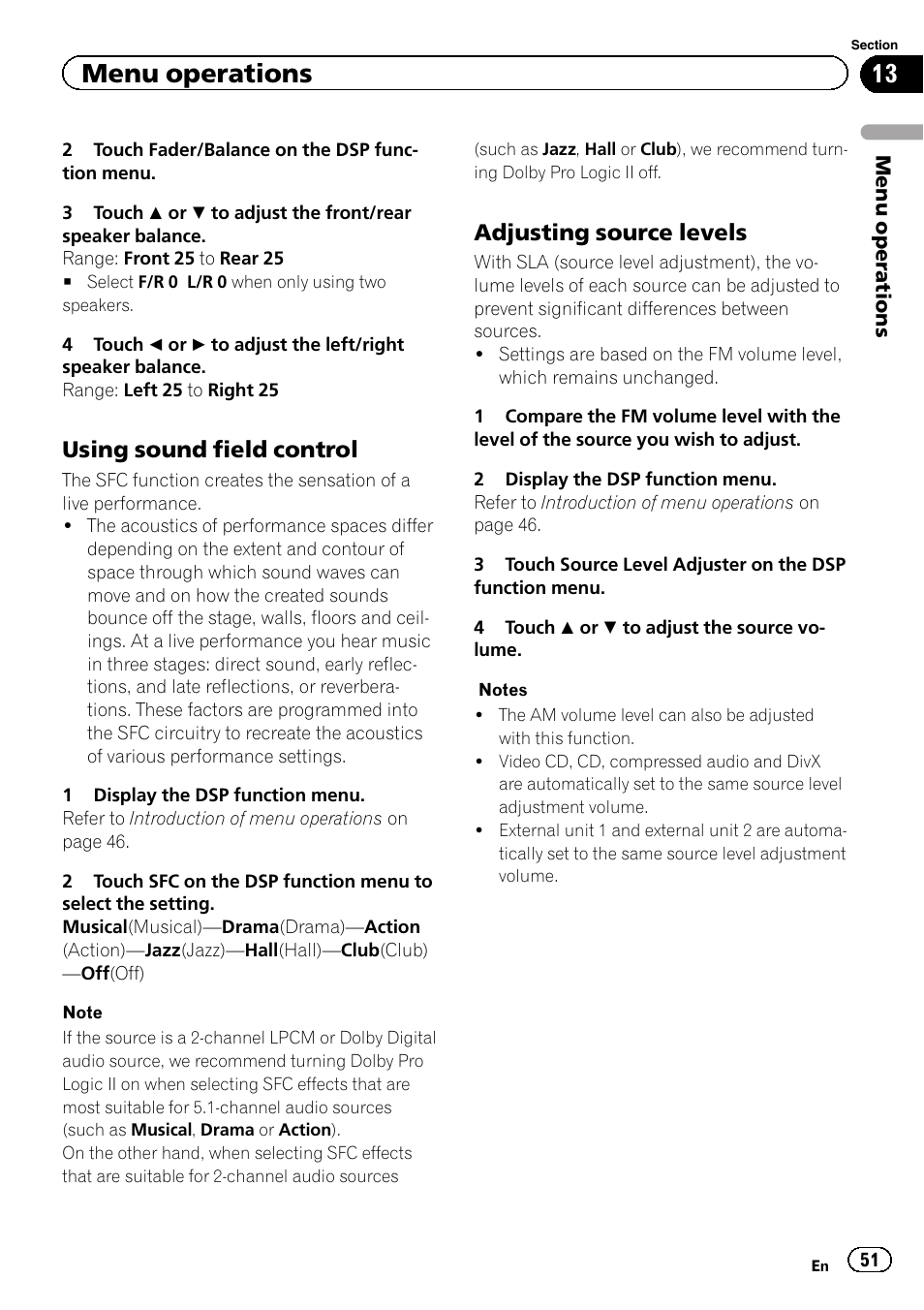 Menu operations, Using sound field control, Adjusting source levels | Pioneer AVH-P8400BT User Manual | Page 51 / 120