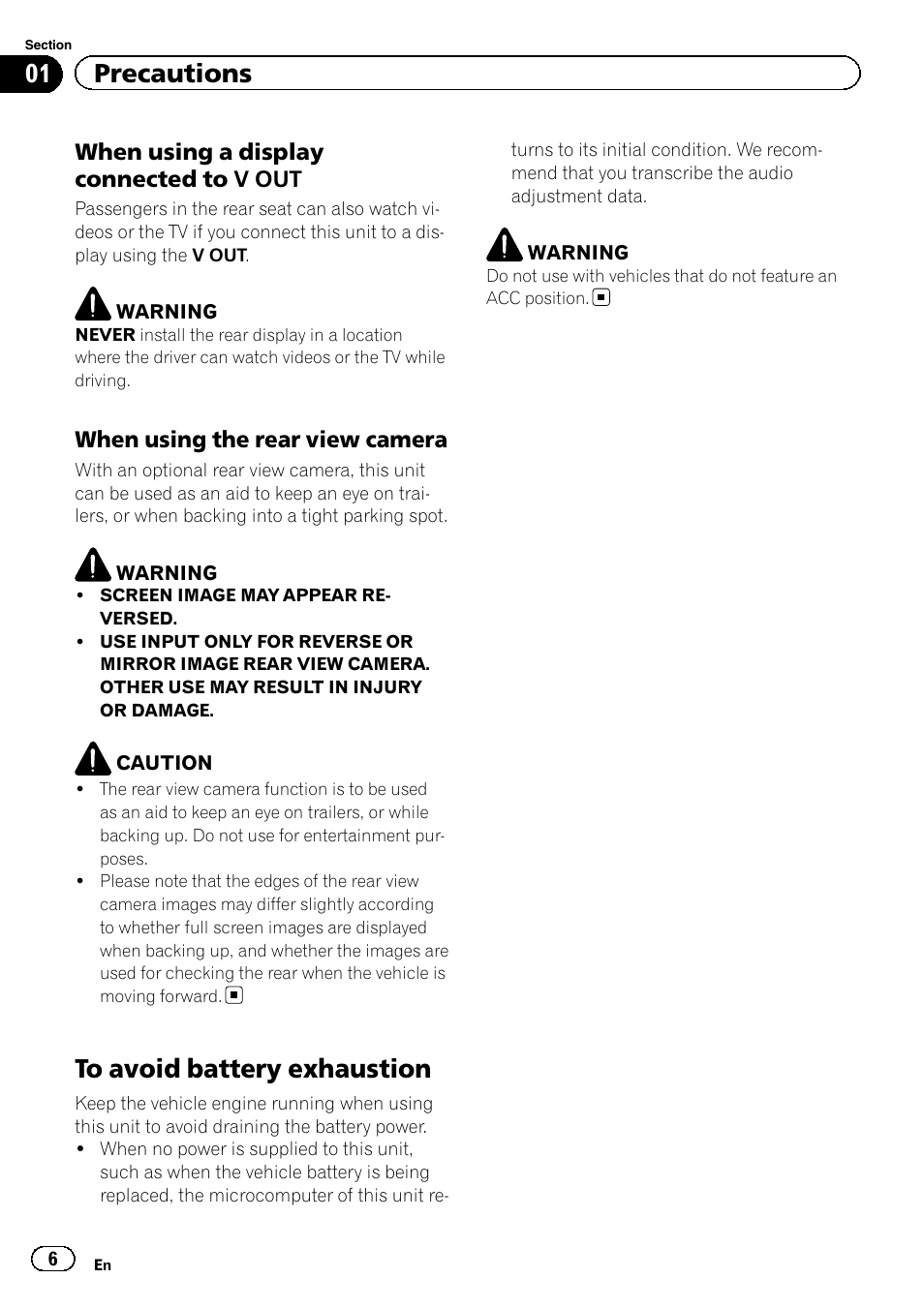 To avoid battery exhaustion, 01 precautions | Pioneer AVH-P8400BT User Manual | Page 6 / 120