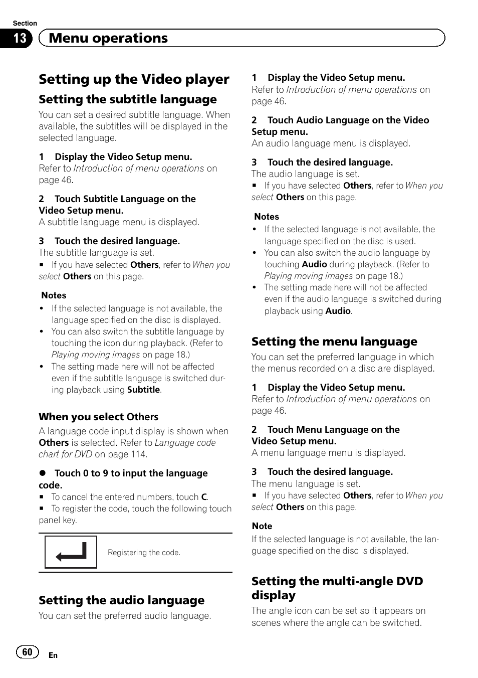 Setting up the video player, 13 menu operations, Setting the subtitle language | Setting the audio language, Setting the menu language, Setting the multi-angle dvd display | Pioneer AVH-P8400BT User Manual | Page 60 / 120