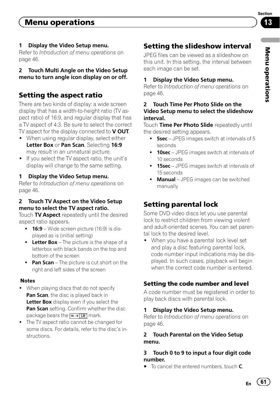 Menu operations, Setting the aspect ratio, Setting the slideshow interval | Setting parental lock | Pioneer AVH-P8400BT User Manual | Page 61 / 120