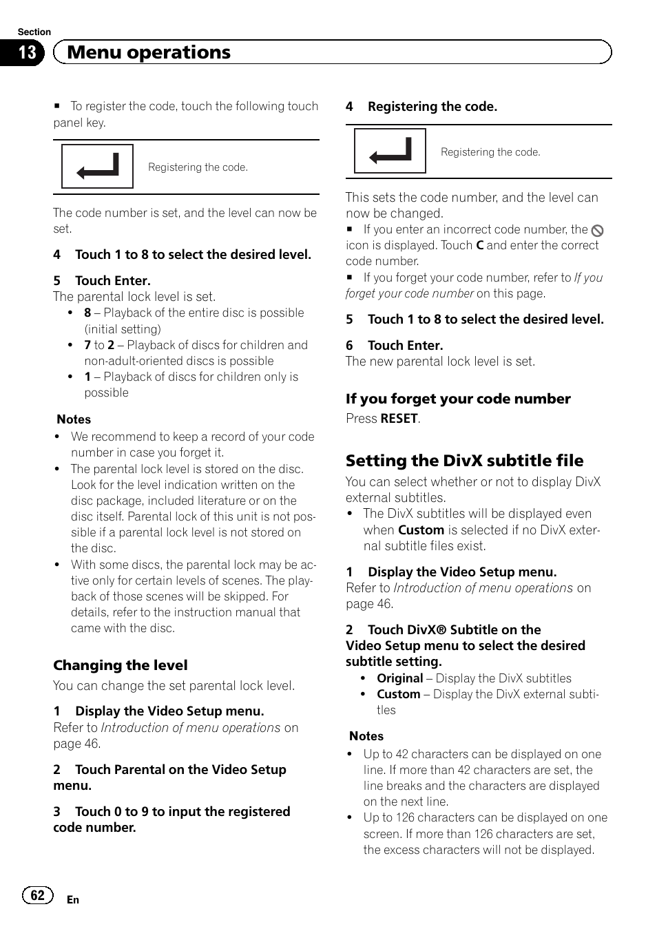 13 menu operations, Setting the divx subtitle file | Pioneer AVH-P8400BT User Manual | Page 62 / 120