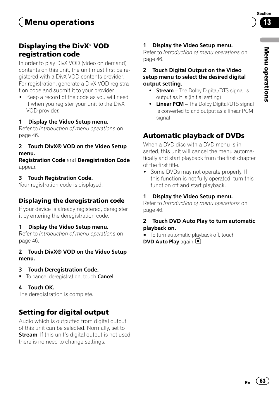 Displaying the divx, Menu operations, Vod registration code | Setting for digital output, Automatic playback of dvds | Pioneer AVH-P8400BT User Manual | Page 63 / 120