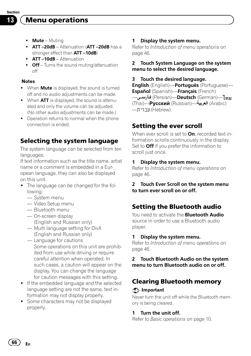 13 menu operations, Selecting the system language, Setting the ever scroll | Setting the bluetooth audio | Pioneer AVH-P8400BT User Manual | Page 66 / 120