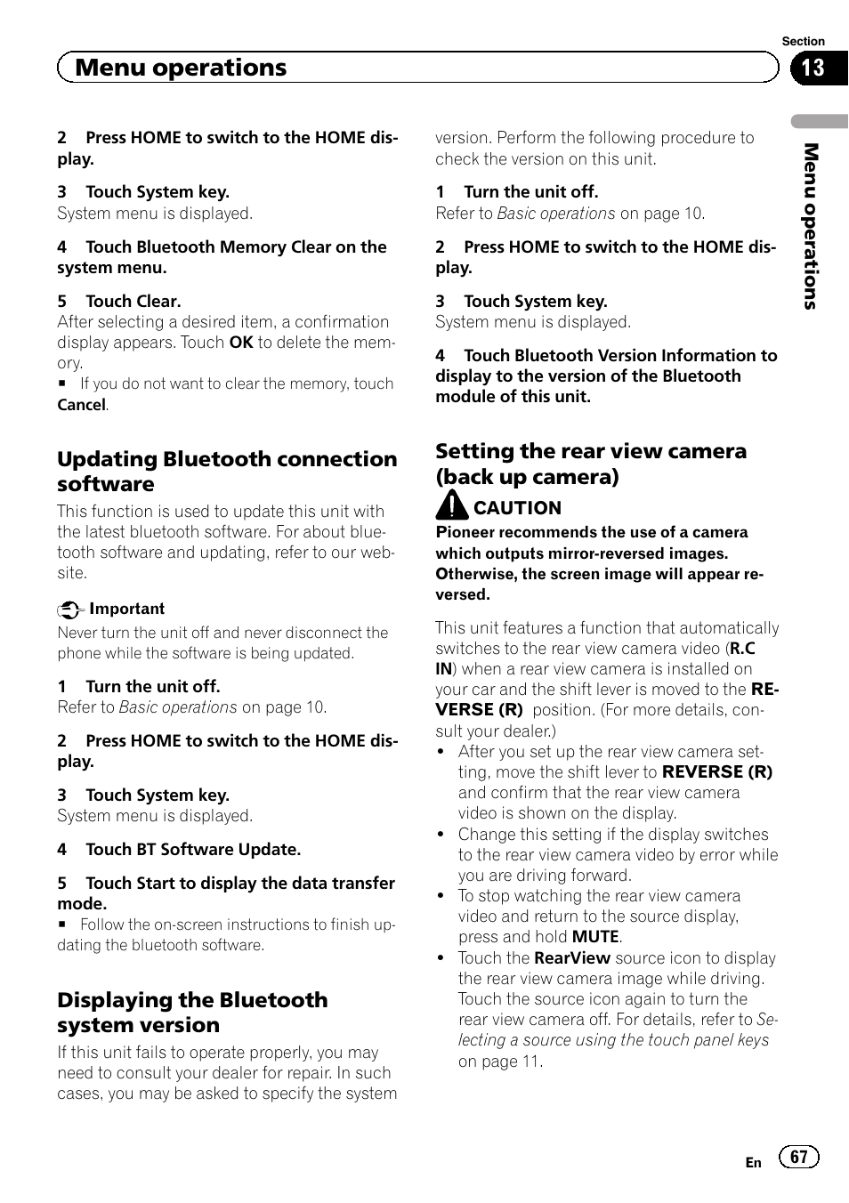 Menu operations, Updating bluetooth connection software, Displaying the bluetooth system version | Setting the rear view camera (back up camera) | Pioneer AVH-P8400BT User Manual | Page 67 / 120
