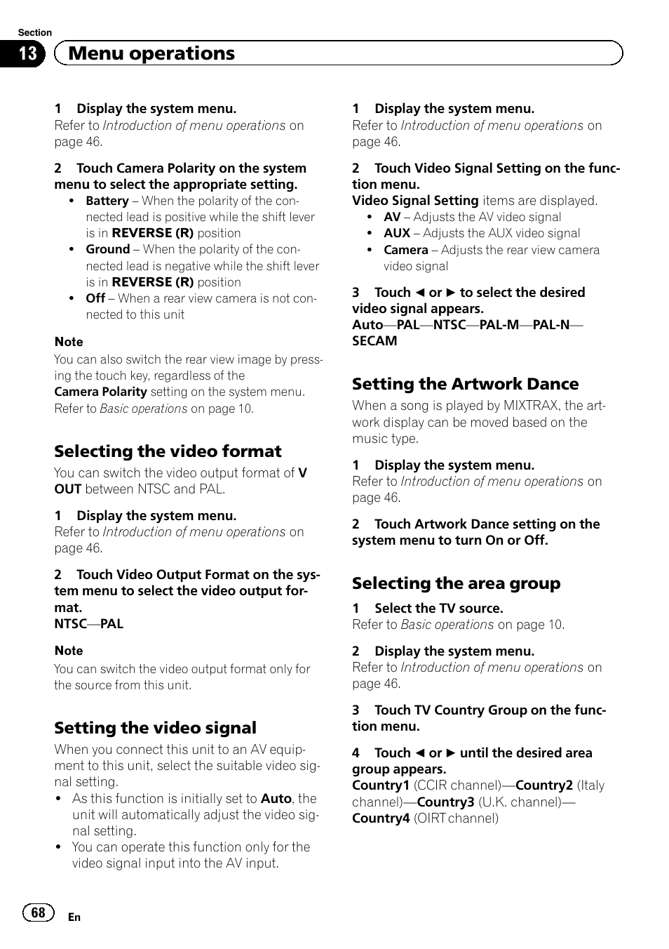 13 menu operations, Selecting the video format, Setting the video signal | Setting the artwork dance, Selecting the area group | Pioneer AVH-P8400BT User Manual | Page 68 / 120