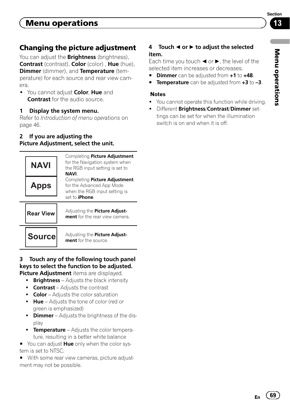 Navi apps, Source, Menu operations | Changing the picture adjustment | Pioneer AVH-P8400BT User Manual | Page 69 / 120
