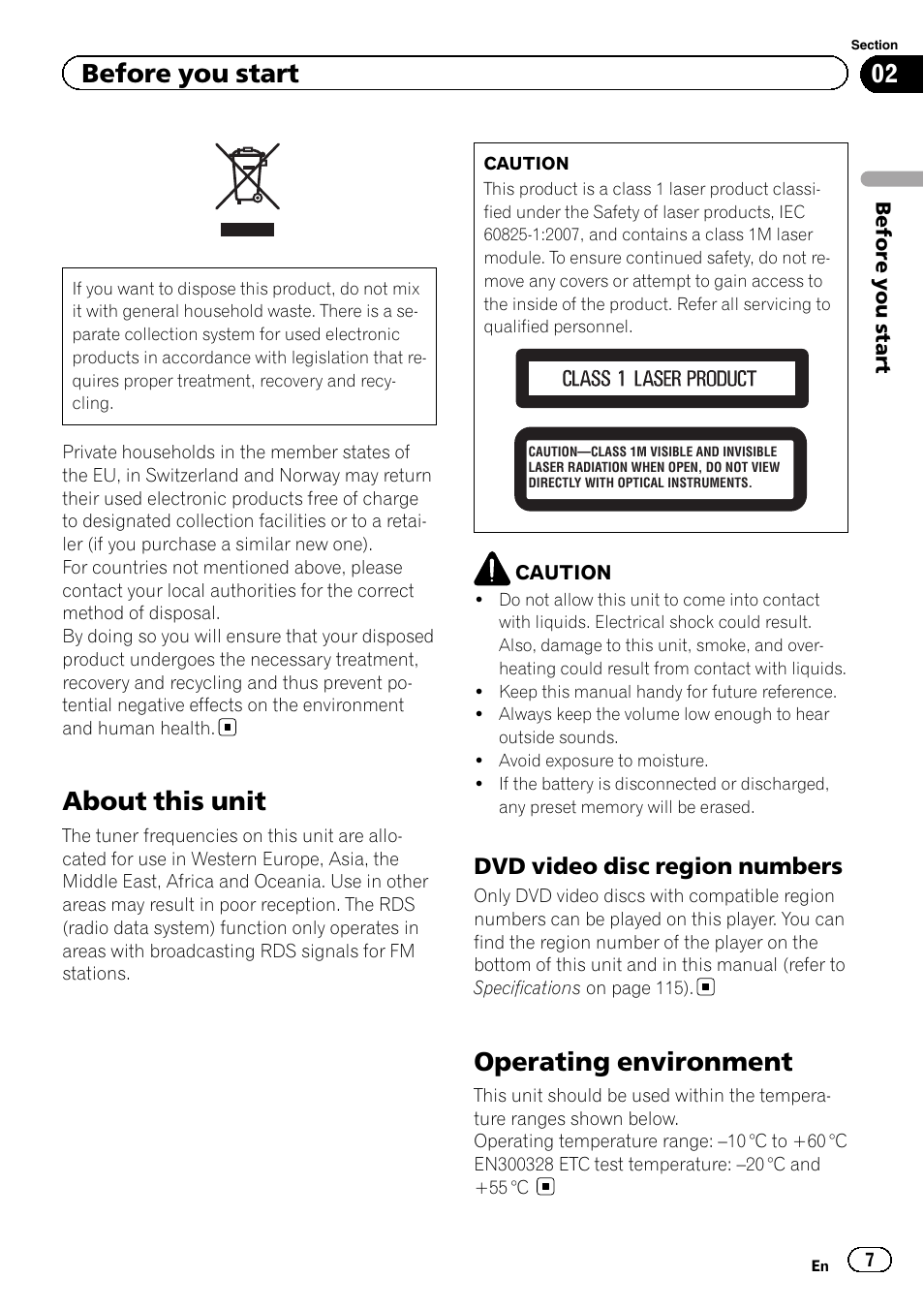 Dvd video disc region numbers 7, Before you start about this unit, Operating environment | About this unit, Before you start, Dvd video disc region numbers | Pioneer AVH-P8400BT User Manual | Page 7 / 120