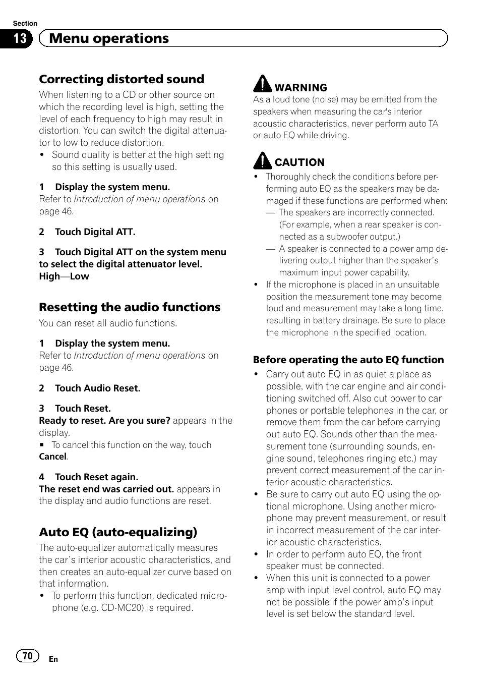 13 menu operations, Correcting distorted sound, Resetting the audio functions | Auto eq (auto-equalizing) | Pioneer AVH-P8400BT User Manual | Page 70 / 120