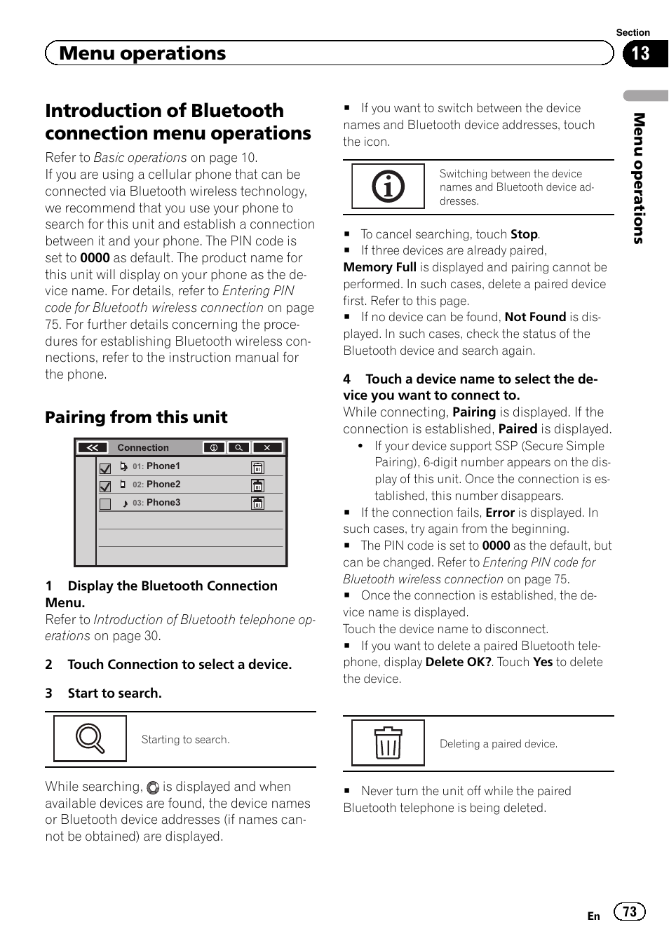 Introduction of bluetooth connection menu, Operations, Menu operations | Pairing from this unit | Pioneer AVH-P8400BT User Manual | Page 73 / 120
