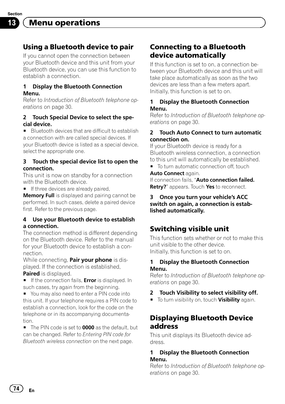13 menu operations, Using a bluetooth device to pair, Connecting to a bluetooth device automatically | Switching visible unit, Displaying bluetooth device address | Pioneer AVH-P8400BT User Manual | Page 74 / 120