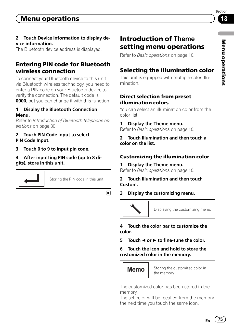Introduction of theme setting menu, Operations, Introduction of theme setting menu operations | Menu operations, Selecting the illumination color | Pioneer AVH-P8400BT User Manual | Page 75 / 120