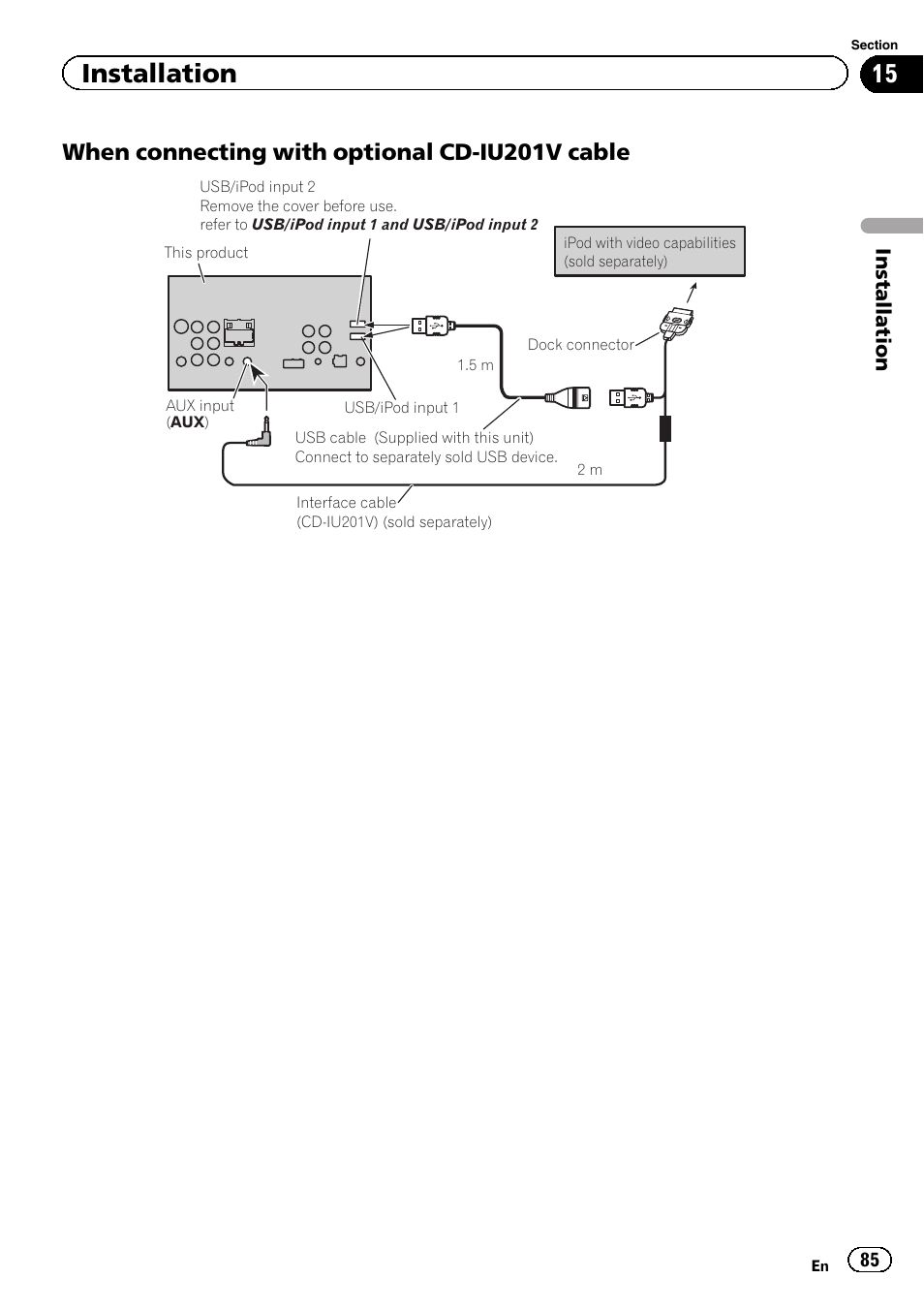When connecting with optional cd-iu201v cable, Installation | Pioneer AVH-P8400BT User Manual | Page 85 / 120