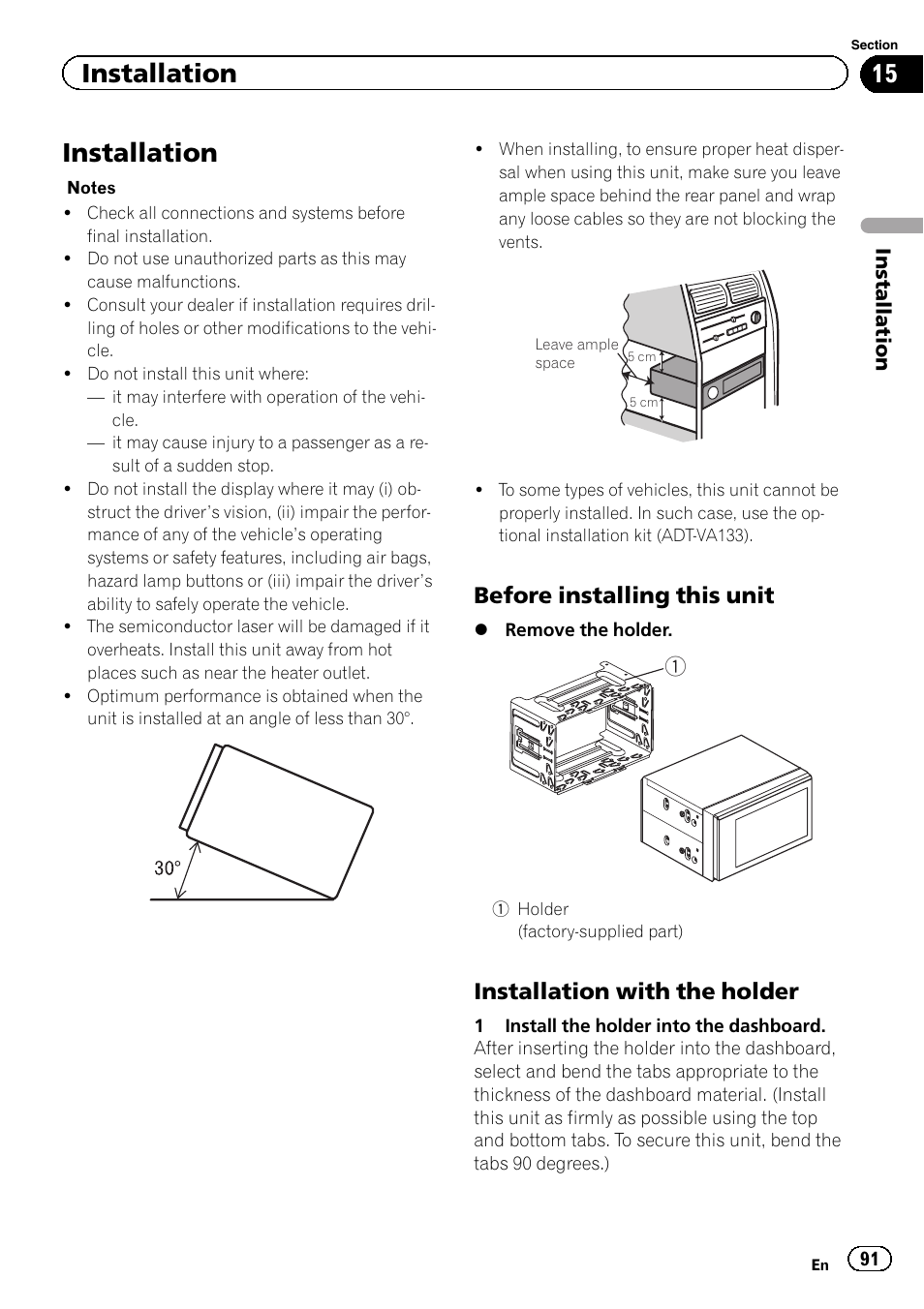Installation, Before installing this unit, Installation with the holder | Pioneer AVH-P8400BT User Manual | Page 91 / 120