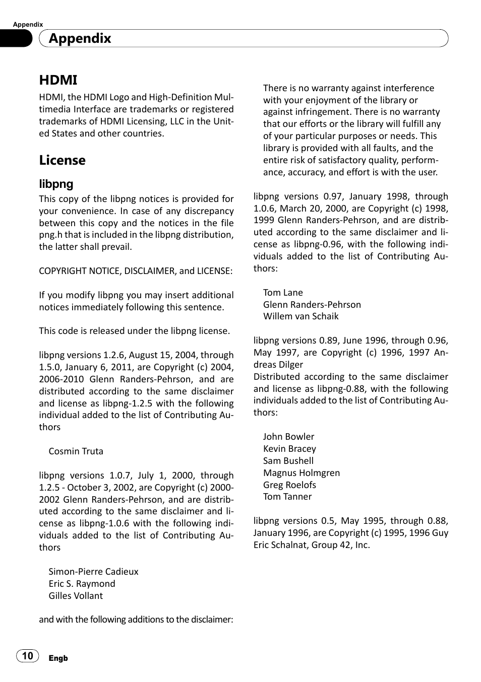 Hdmi, License, Libpng | Appendix | Pioneer SPH-DA100 User Manual | Page 10 / 76