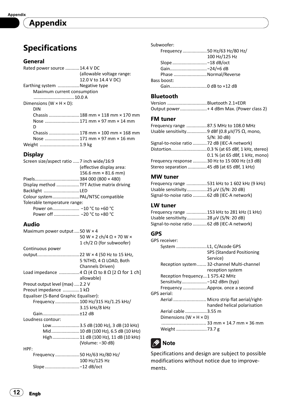 Specifications, Appendix | Pioneer SPH-DA100 User Manual | Page 12 / 76