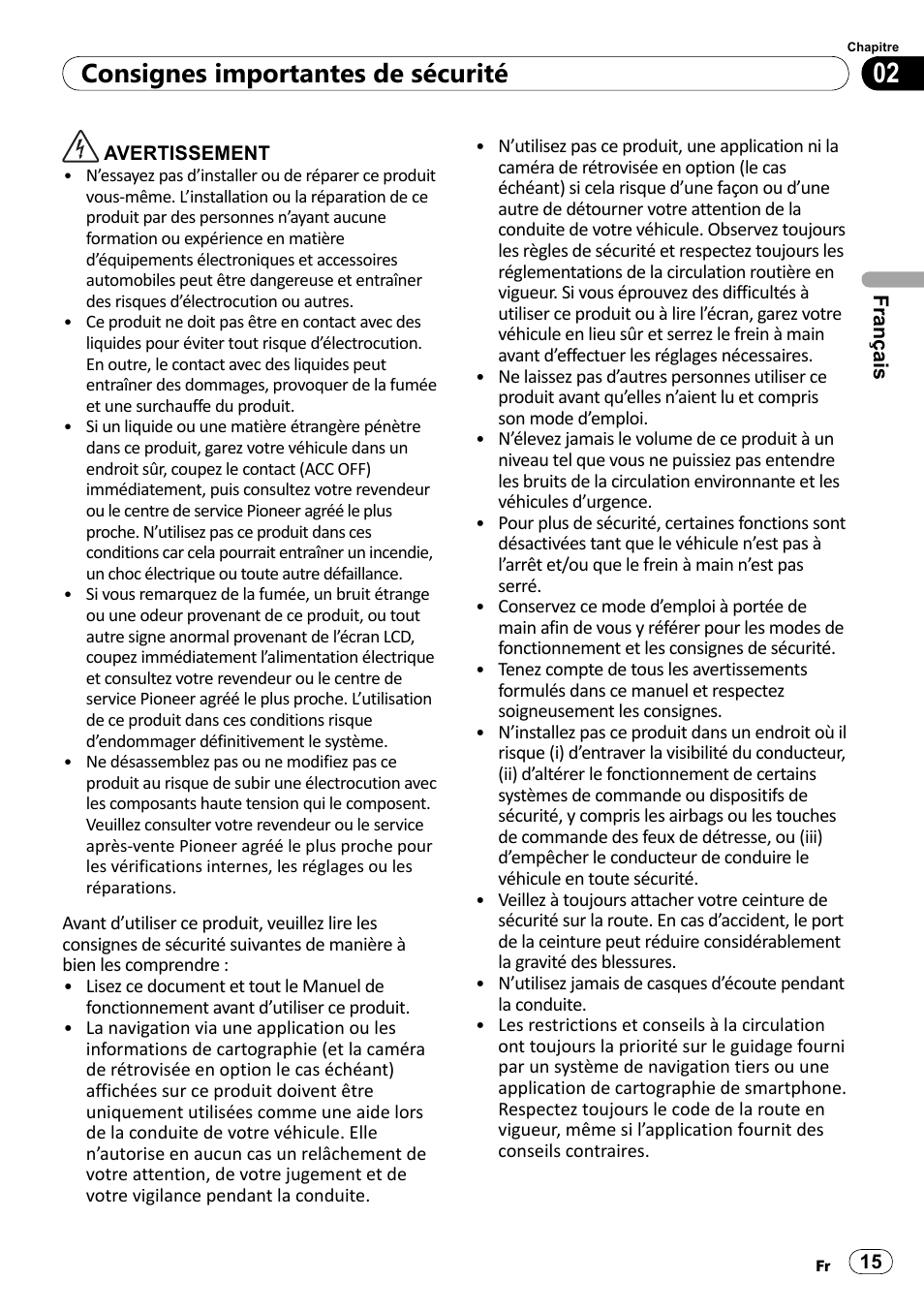 Consignes importantes de sécurité | Pioneer SPH-DA100 User Manual | Page 15 / 76