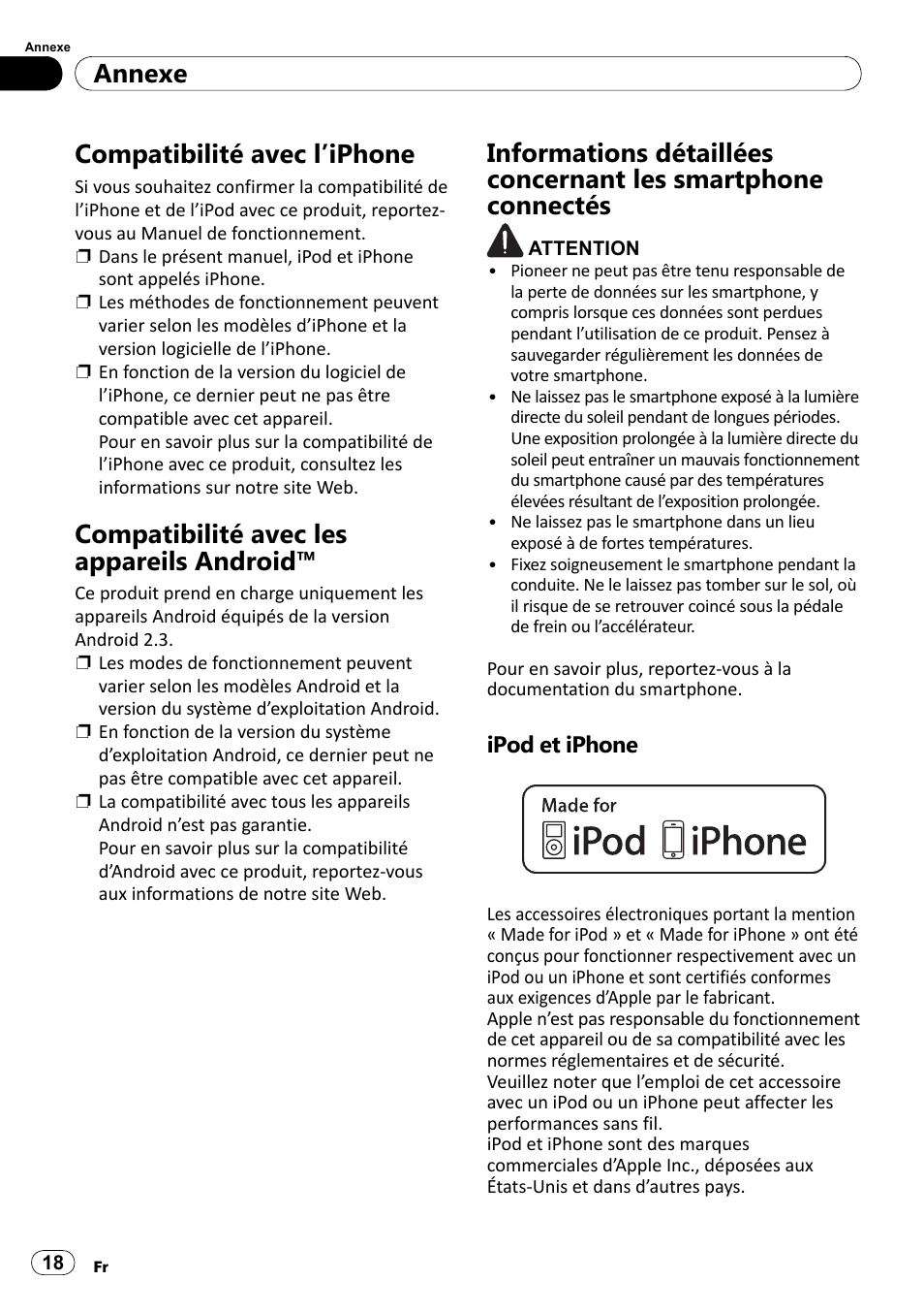 Annexe, Compatibilité avec l’iphone, Compatibilité avec les appareils android | Informations détaillées concernant les, Smartphone connectés, Ipod et iphone | Pioneer SPH-DA100 User Manual | Page 18 / 76