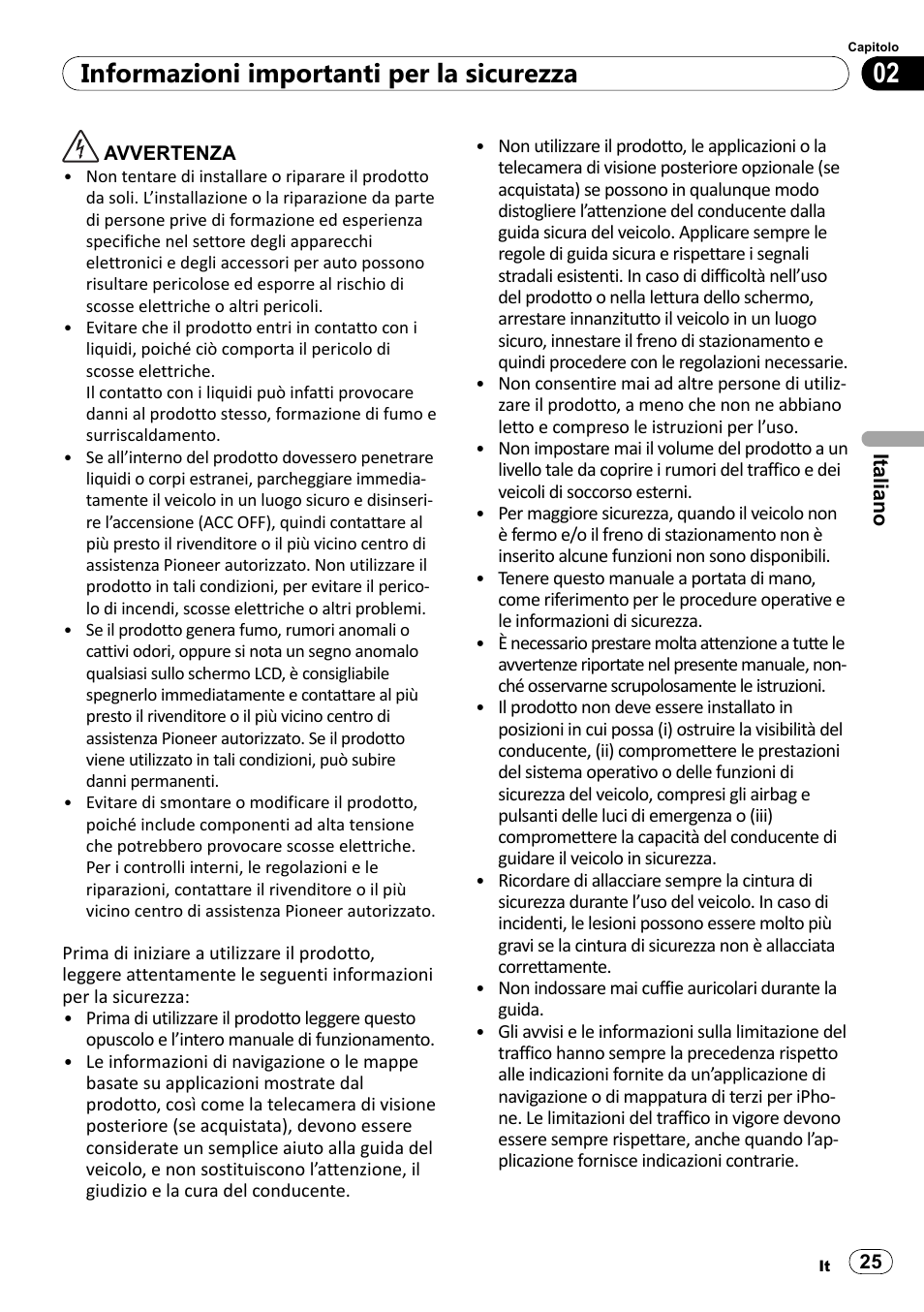 Informazioni importanti per la sicurezza | Pioneer SPH-DA100 User Manual | Page 25 / 76