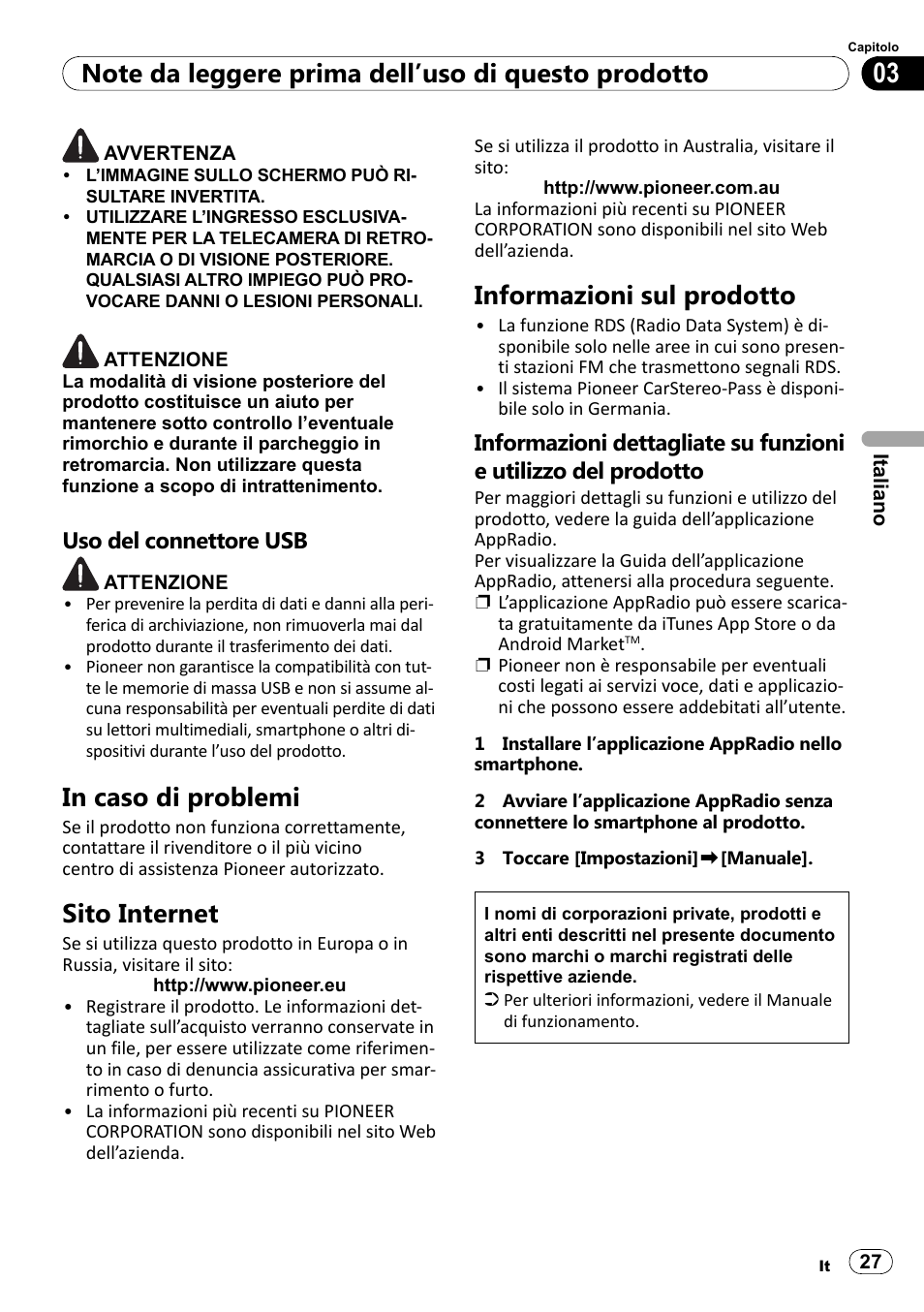 Uso del connettore usb, In caso di problemi, Sito internet | Informazioni sul prodotto | Pioneer SPH-DA100 User Manual | Page 27 / 76