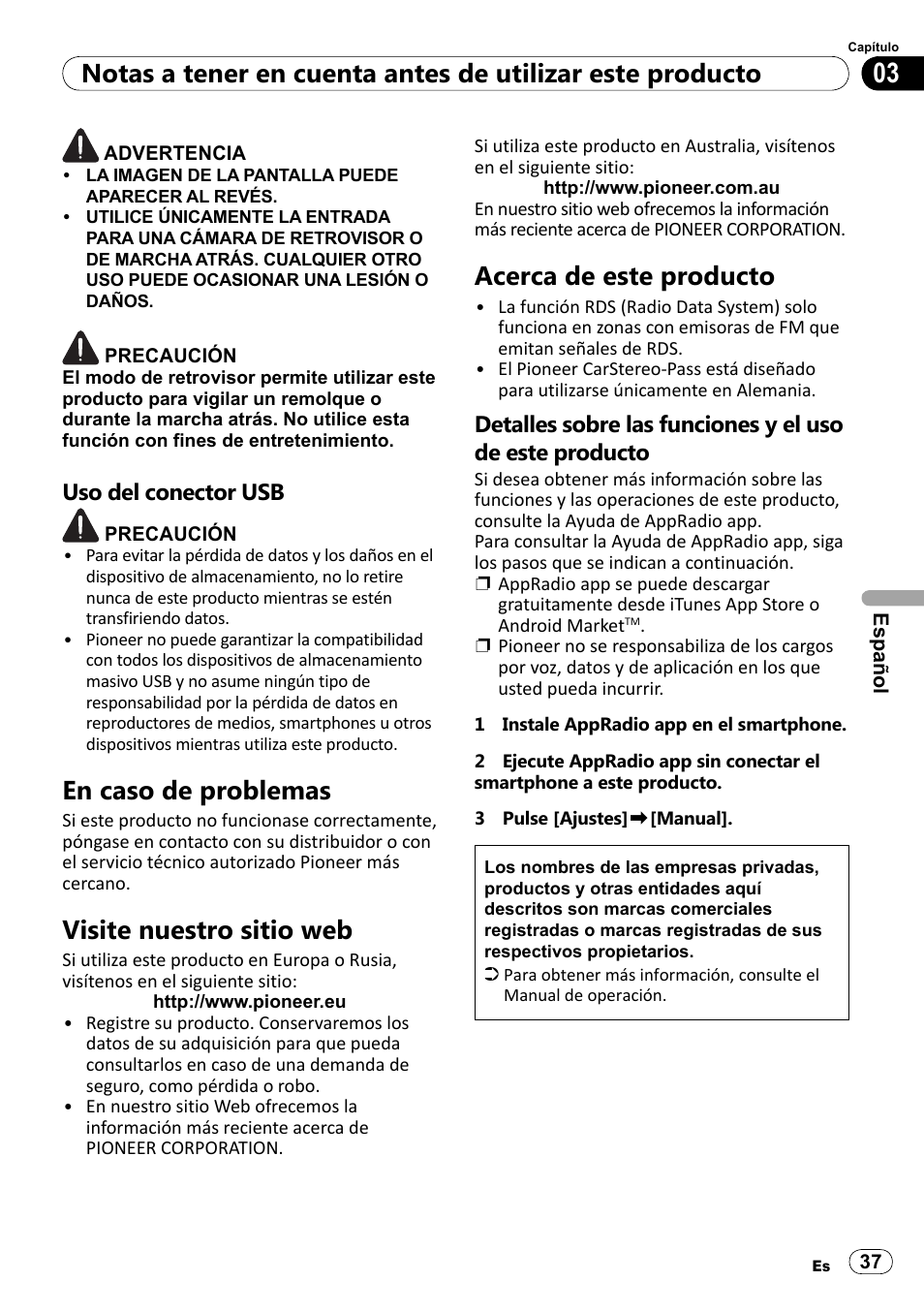 Uso del conector usb, En caso de problemas, Visite nuestro sitio web | Acerca de este producto | Pioneer SPH-DA100 User Manual | Page 37 / 76