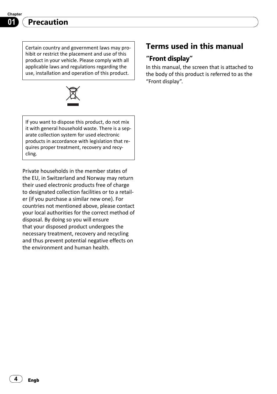 Terms used in this manual, Front display, Precaution | Pioneer SPH-DA100 User Manual | Page 4 / 76