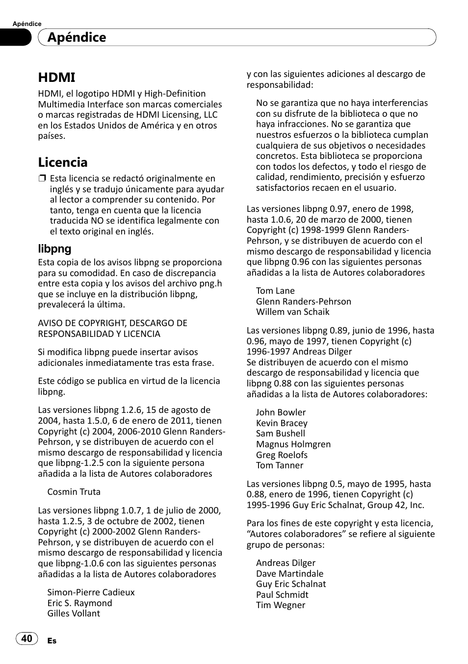Hdmi, Licencia, Libpng | Apéndice | Pioneer SPH-DA100 User Manual | Page 40 / 76