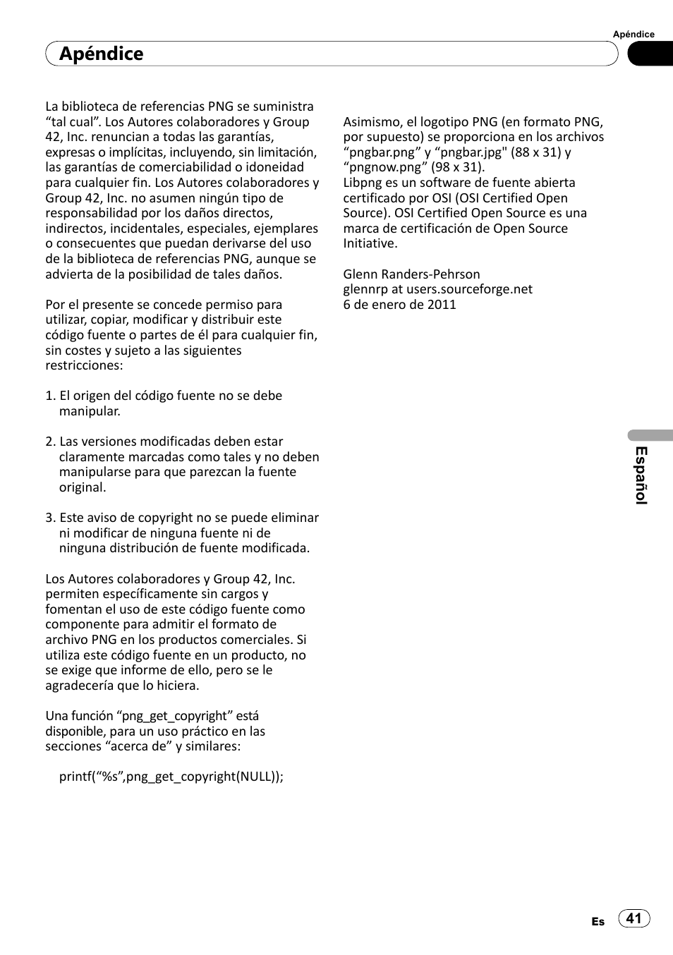 Apéndice | Pioneer SPH-DA100 User Manual | Page 41 / 76