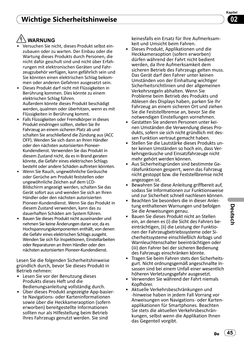 Wichtige sicherheitshinweise | Pioneer SPH-DA100 User Manual | Page 45 / 76