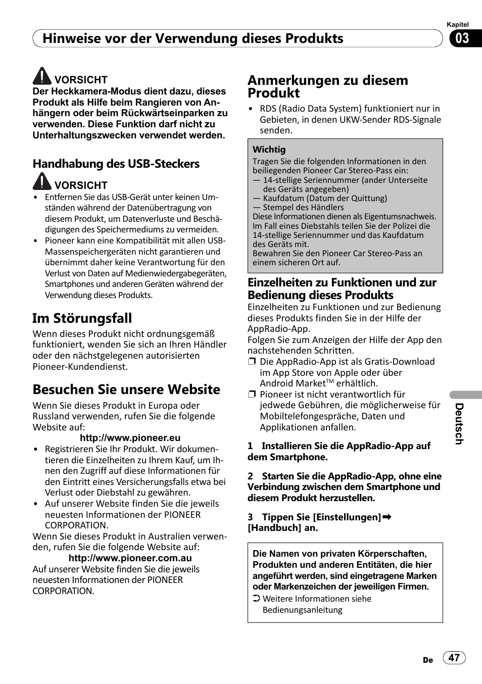 Handhabung des usb-steckers, Im störungsfall, Besuchen sie unsere website | Anmerkungen zu diesem produkt, Hinweise vor der verwendung dieses produkts | Pioneer SPH-DA100 User Manual | Page 47 / 76