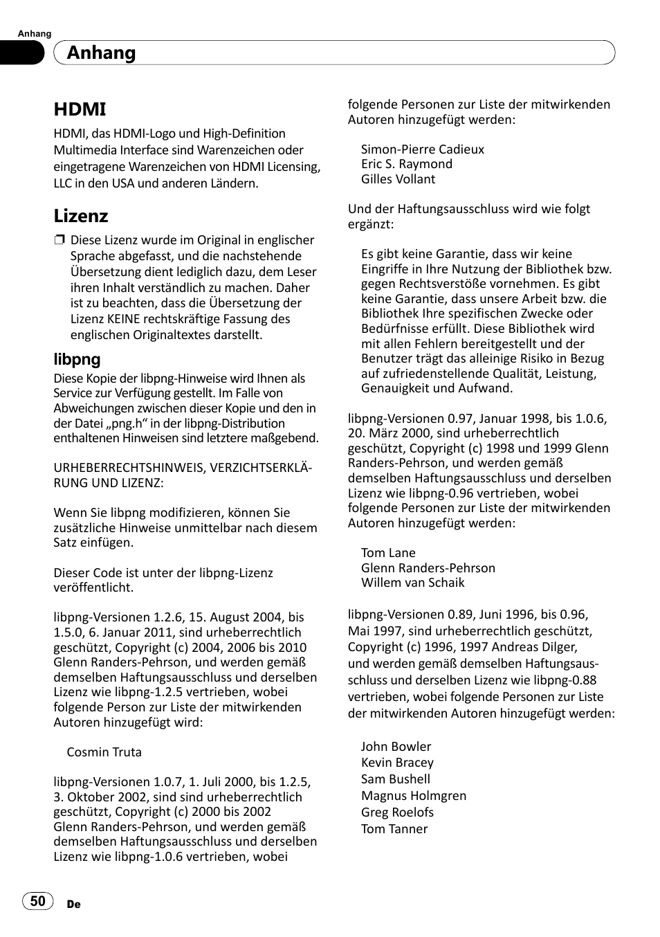 Hdmi, Lizenz, Libpng | Anhang | Pioneer SPH-DA100 User Manual | Page 50 / 76