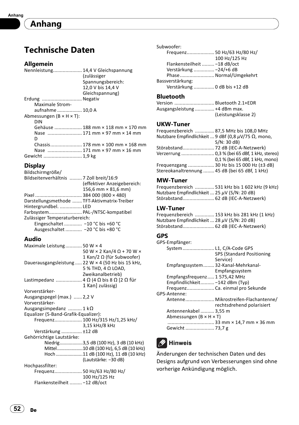 Technische daten, Anhang | Pioneer SPH-DA100 User Manual | Page 52 / 76