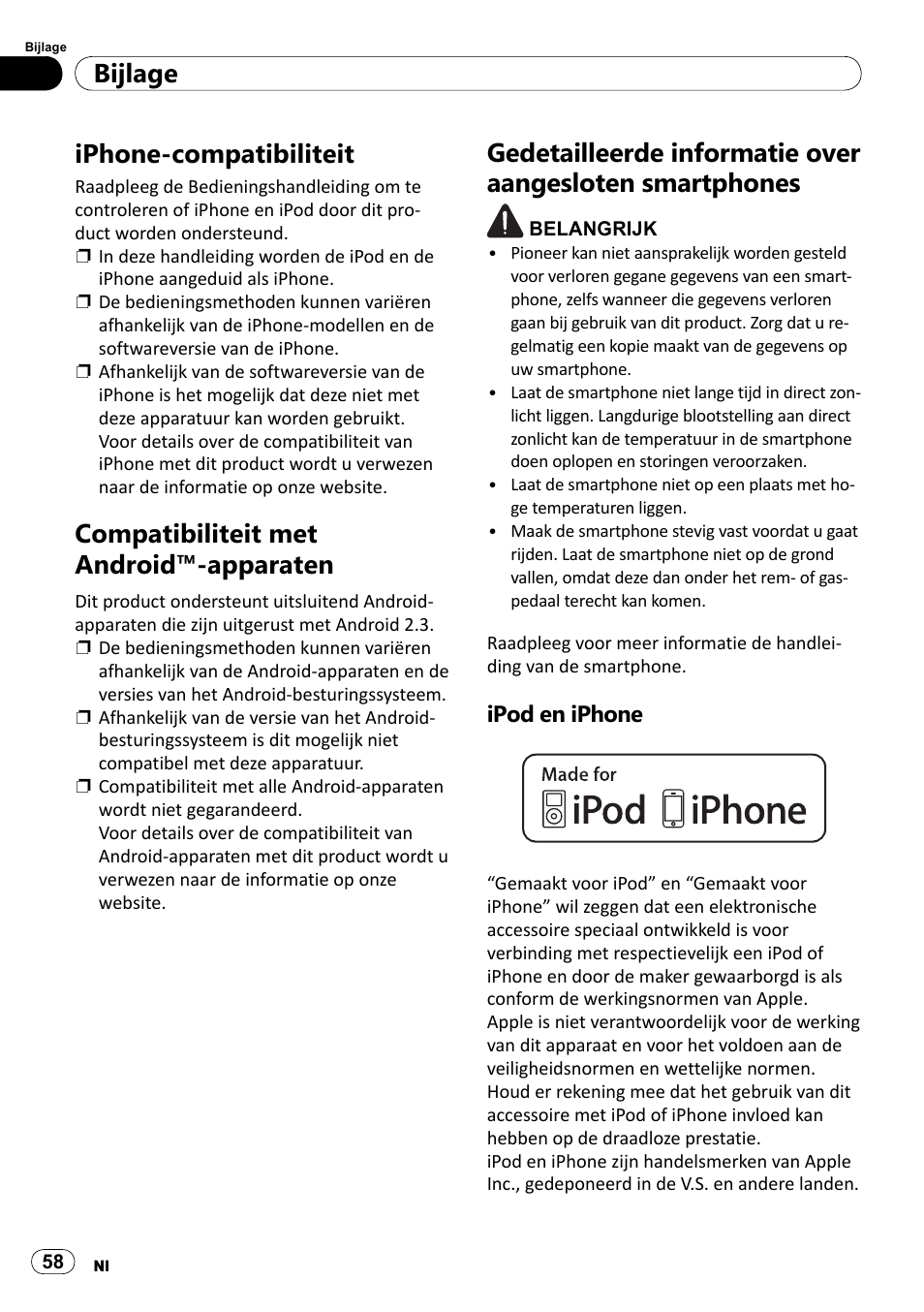 Iphone-compatibiliteit, Compatibiliteit met android™-apparaten, Gedetailleerde informatie over aangesloten | Smartphones, Ipod en iphone, Bijlage | Pioneer SPH-DA100 User Manual | Page 58 / 76