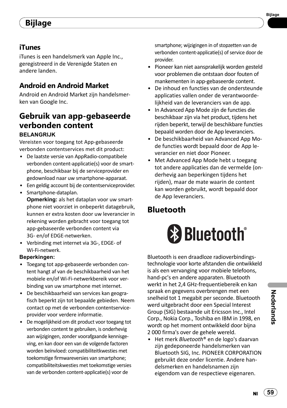 Itunes, Android en android market, Gebruik van app-gebaseerde verbonden | Content, Bluetooth, Bijlage, Gebruik van app-gebaseerde verbonden content | Pioneer SPH-DA100 User Manual | Page 59 / 76