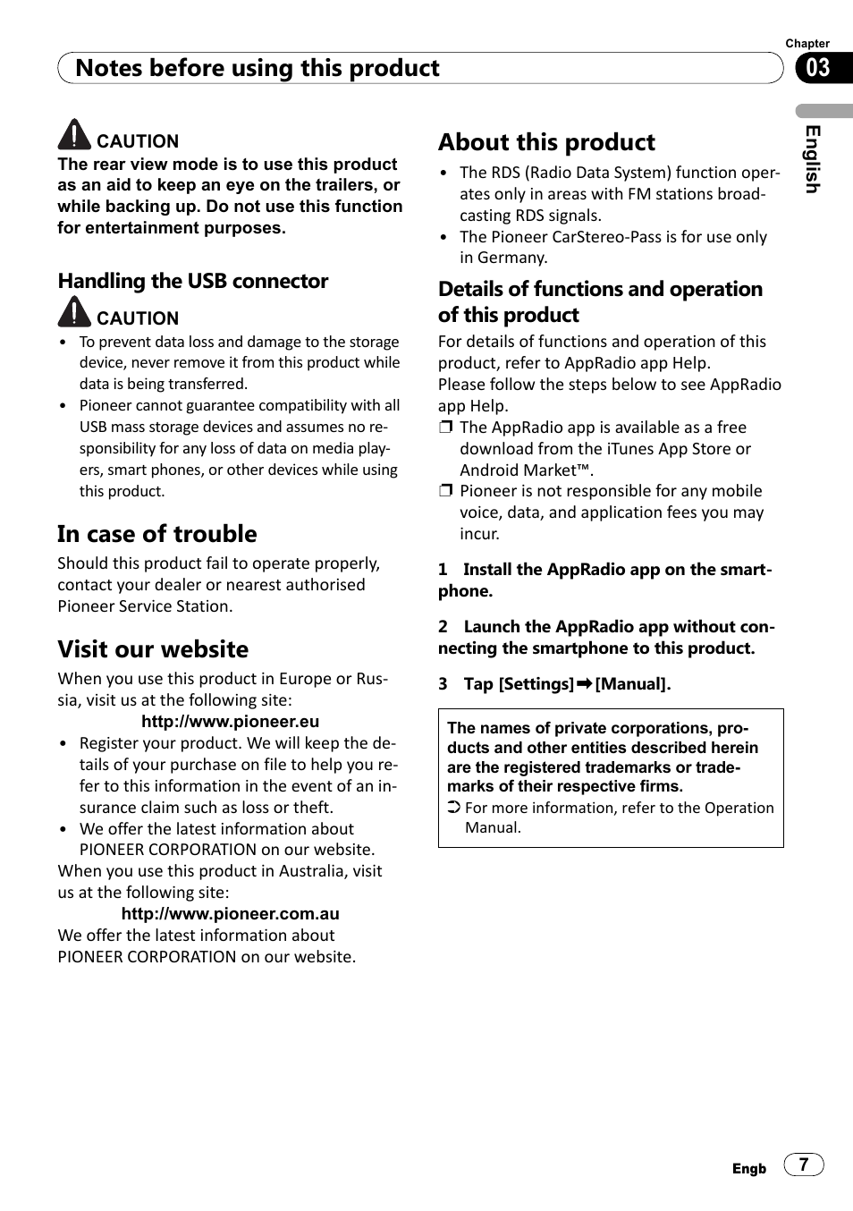 Handling the usb connector, In case of trouble, Visit our website | About this product, Details of functions and operation of this product | Pioneer SPH-DA100 User Manual | Page 7 / 76