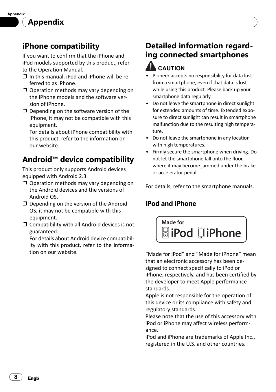 Iphone compatibility, Android™ device compatibility, Detailed information regarding | Connected smartphones, Ipod and iphone, Appendix | Pioneer SPH-DA100 User Manual | Page 8 / 76