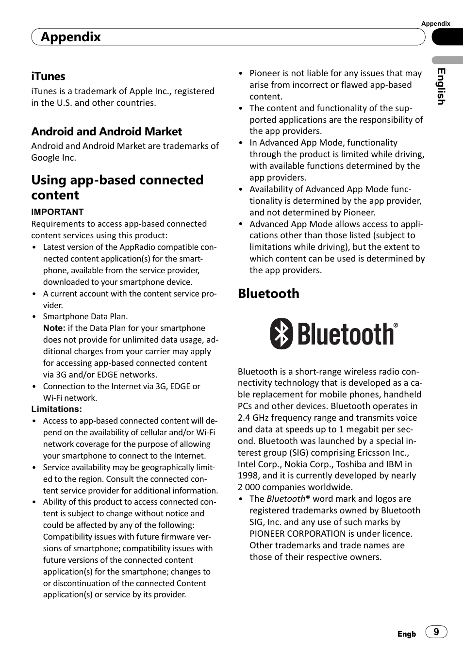 Itunes, Android and android market, Using app-based connected content | Bluetooth, Appendix | Pioneer SPH-DA100 User Manual | Page 9 / 76