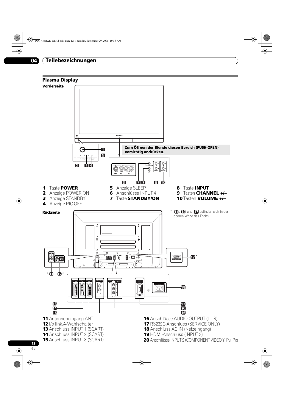 04 teilebezeichnungen, Plasma display, Teilebezeichnungen 04 teilebezeichnungen | Pioneer PDP-436RXE User Manual | Page 100 / 134
