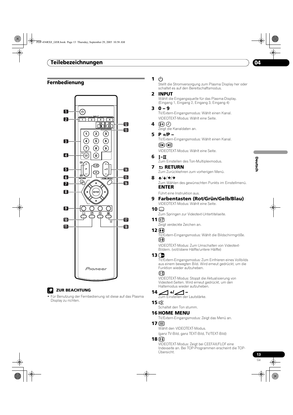 Fernbedienung, Teilebezeichnungen 04 | Pioneer PDP-436RXE User Manual | Page 101 / 134