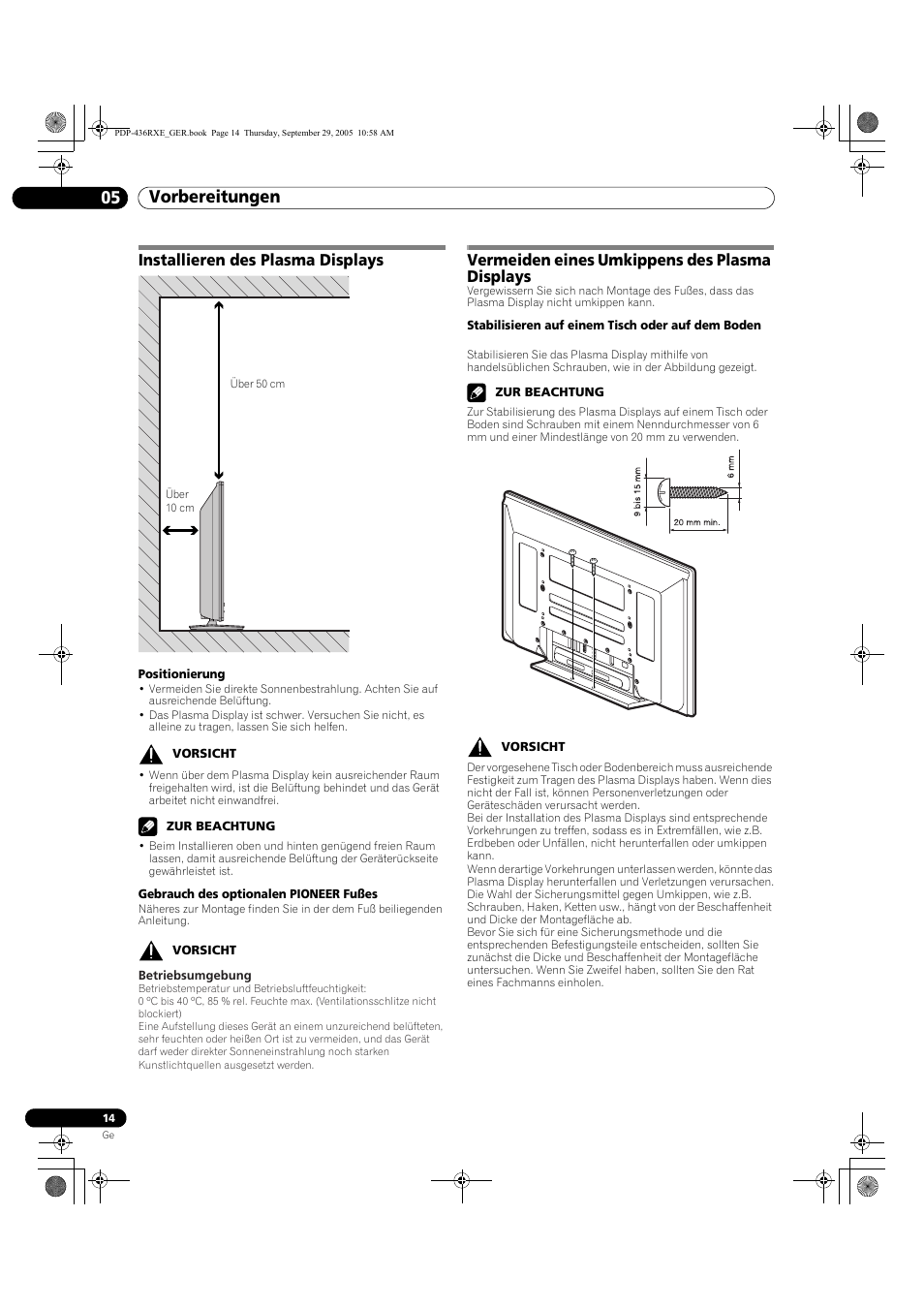 05 vorbereitungen, Vorbereitungen 05 vorbereitungen, Installieren des plasma displays | Vermeiden eines umkippens des plasma displays | Pioneer PDP-436RXE User Manual | Page 102 / 134