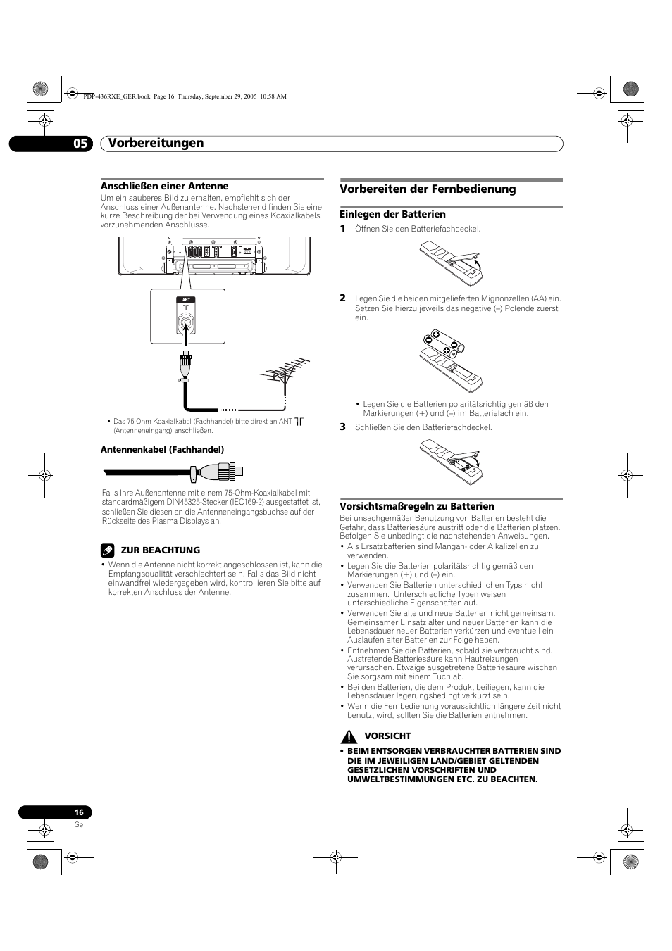 Anschließen einer antenne, Vorbereiten der fernbedienung, Vorbereitungen 05 | Pioneer PDP-436RXE User Manual | Page 104 / 134