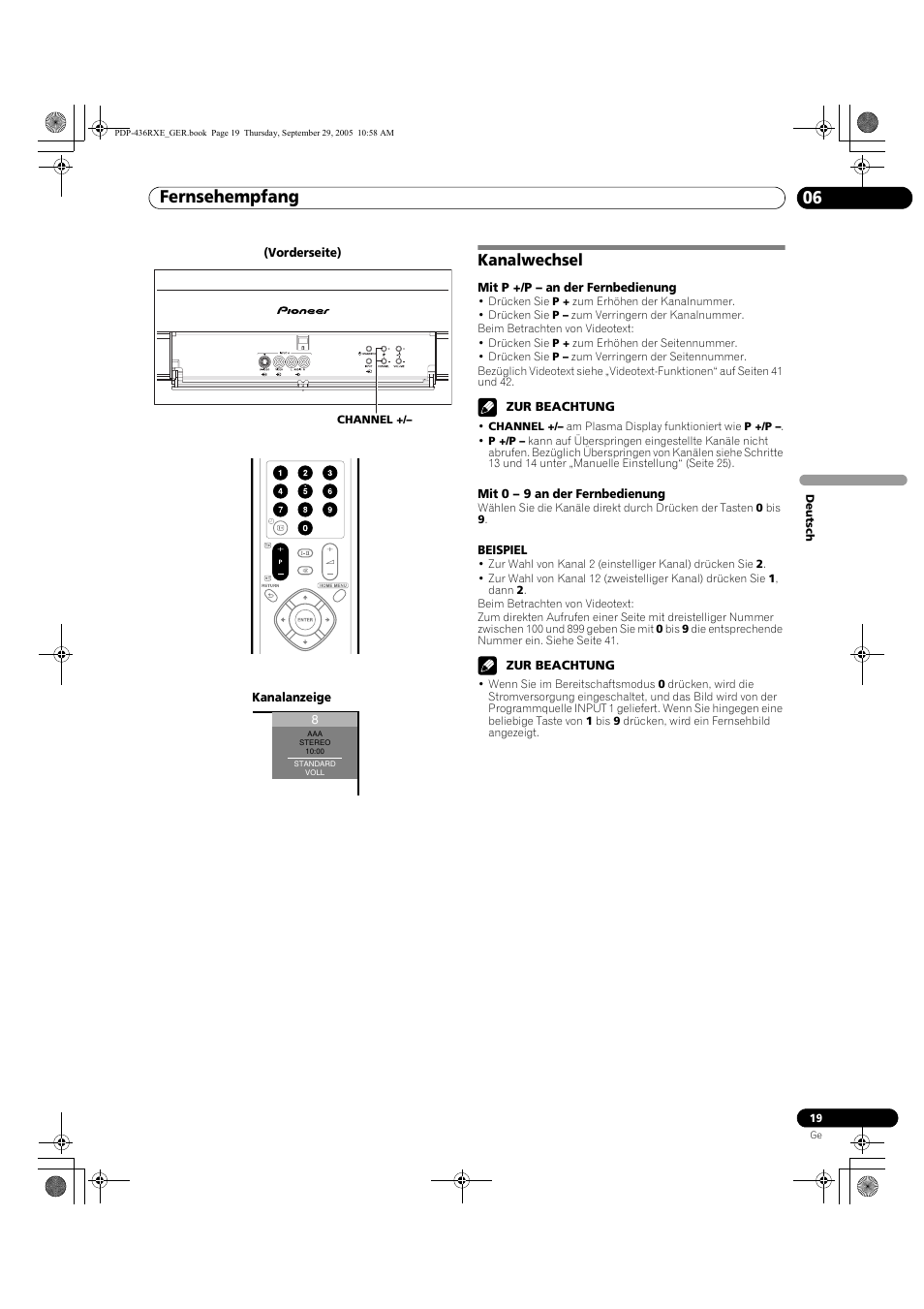 Kanalwechsel, Fernsehempfang 06 | Pioneer PDP-436RXE User Manual | Page 107 / 134