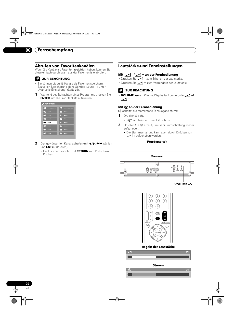 Fernsehempfang 06, Abrufen von favoritenkanälen, Lautstärke-und toneinstellungen | Pioneer PDP-436RXE User Manual | Page 108 / 134