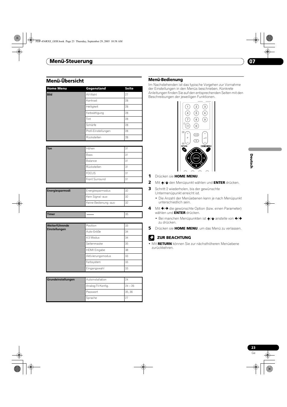 07 menü-steuerung, Menü-übersicht, Menü-bedienung | Menü-steuerung 07, Menü-steuerung | Pioneer PDP-436RXE User Manual | Page 111 / 134