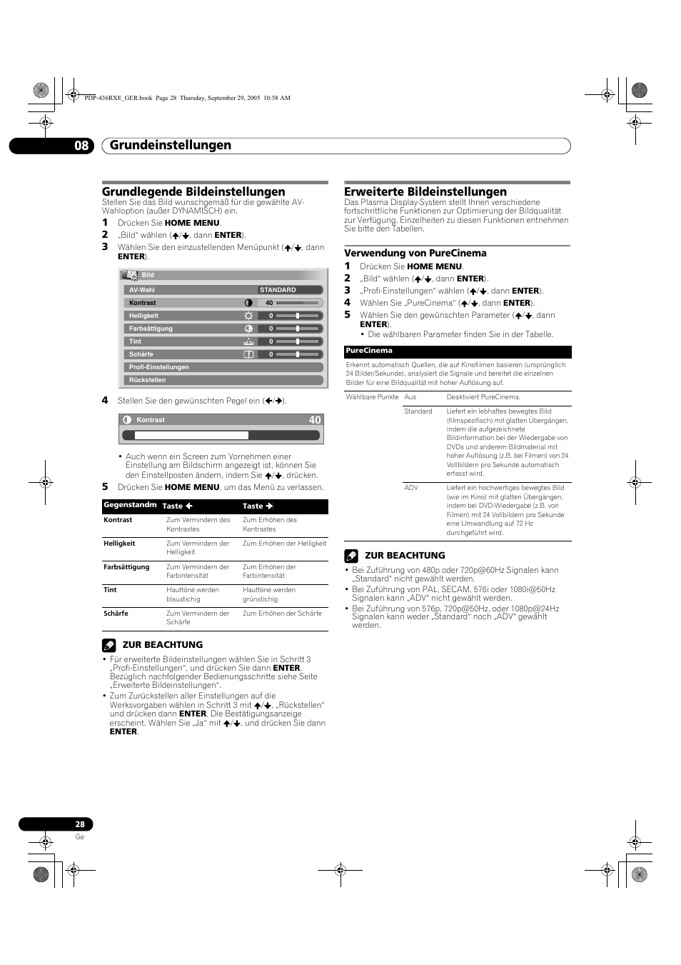 Verwendung von purecinema, Grundeinstellungen 08, Grundlegende bildeinstellungen | Erweiterte bildeinstellungen | Pioneer PDP-436RXE User Manual | Page 116 / 134