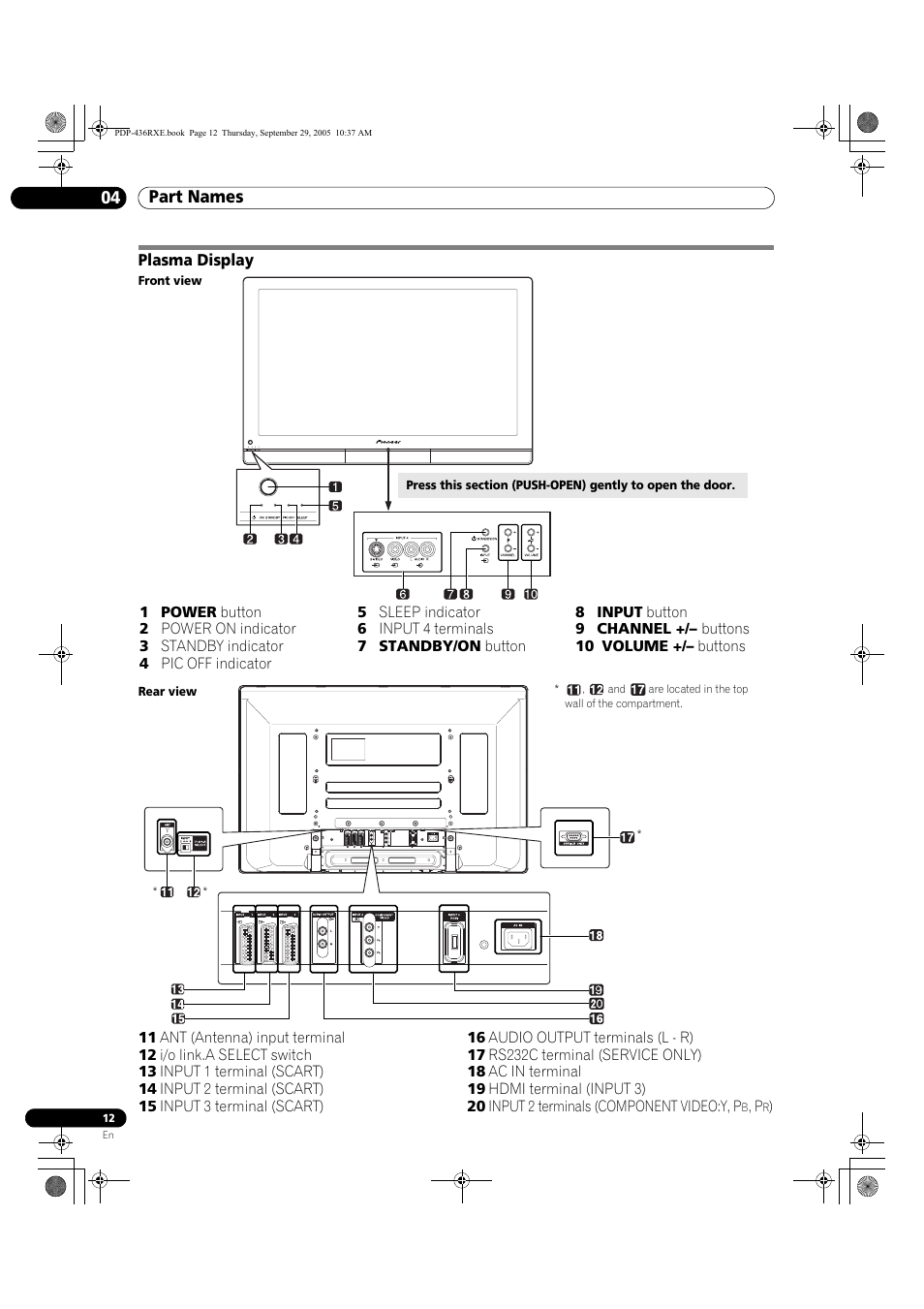 04 part names, Plasma display, Part names 04 part names | Pioneer PDP-436RXE User Manual | Page 12 / 134